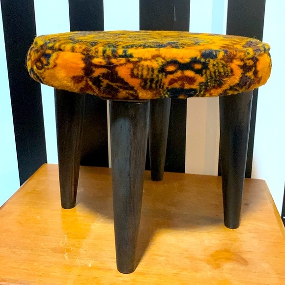 Vintage 1970s Footstool Orange & Brown Abstract Swirl Groovy Retro Pattern - Picture 1 of 9